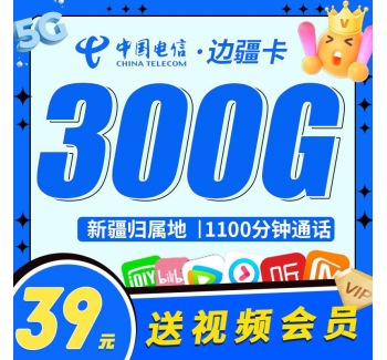 电信边疆卡39元300G+1100分钟+送视频会员