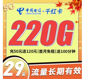 卡世界电信千红卡29元220G+100分钟