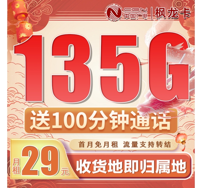 卡世界广电枫龙卡29元135G+100分钟